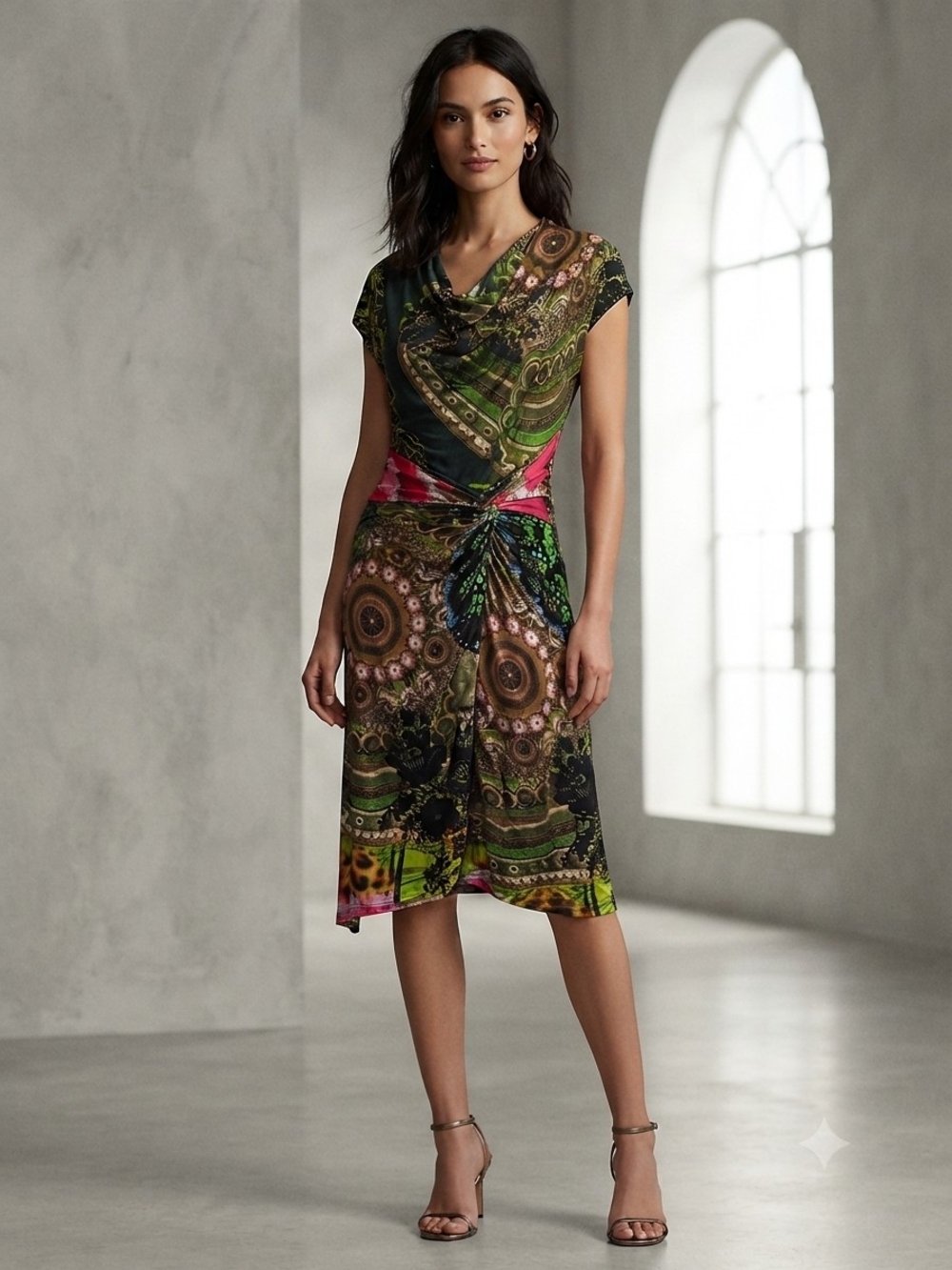 Desigual Green & Pink Paisley-Print Ruched Midi Dress Size Med